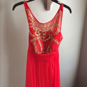 Floor length red B Darlin beaded prom dress